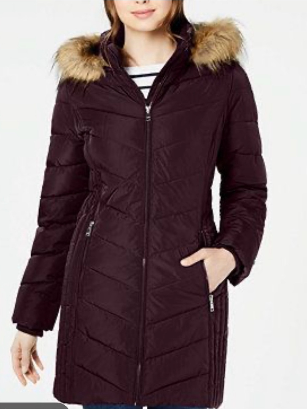 Tommy Hilfiger Women's Maroon/plum Hooded Quilted Puffer with Faux Fur Trim